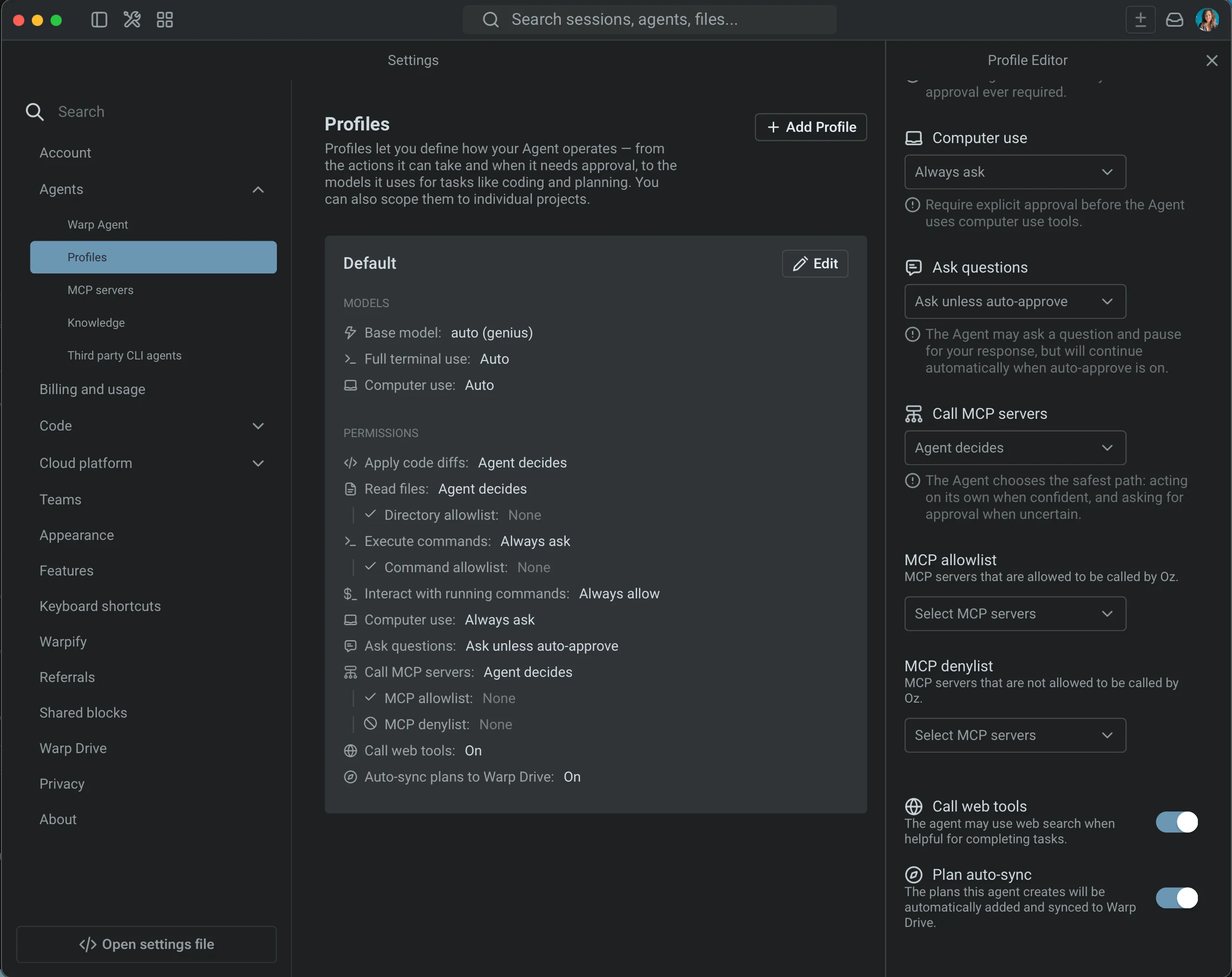 The Profiles page in Warp Settings, with the Profile Editor open and the Call web tools toggle enabled